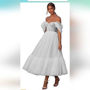 Off The Shoulder, Tulle, Tea-Length, A-Line, Garden Dress